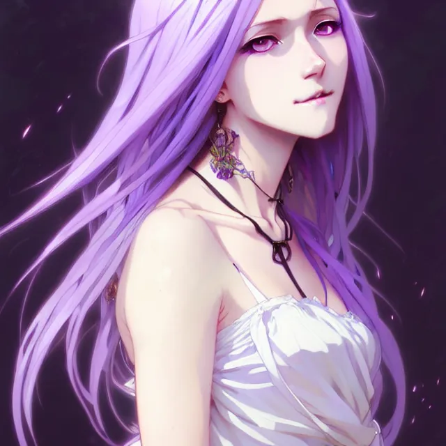 Prompt: anime girl with flowing lavender hair, purple eyes and white dress, black jewellery, digital artwork, very beautiful face, pretty smile, extremely detailed art by greg rutkowski and alphonse mucha