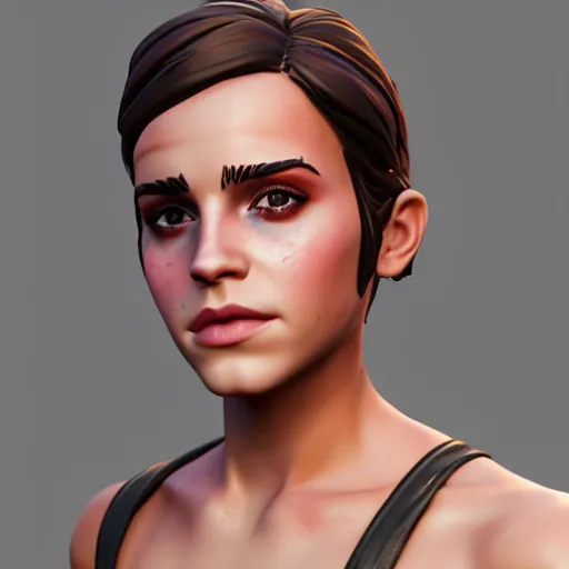 Image similar to textured film grain subsurface scattering fashion model face squinting emma watson as a fortnite character cgsociety octane render unreal engine redshift render trending on artstation trending on artstation render blender behance cg superhero