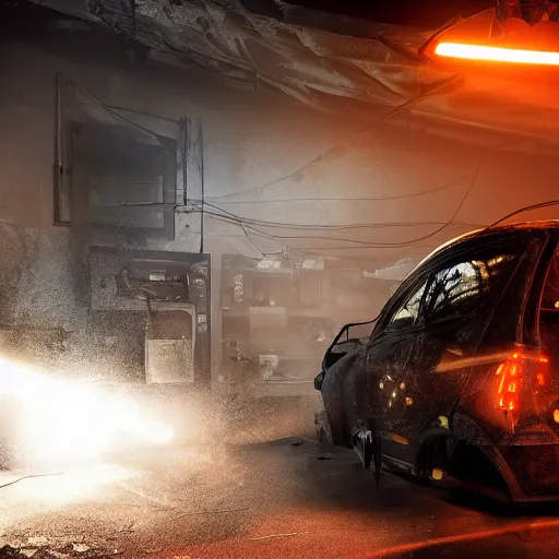 Image similar to overcharging toaster oven, tangles of metallic cables, dark messy smoke - filled cluttered workshop, dark, dramatic lighting, orange tint, sparks, plasma charges, cinematic, highly detailed, sci - fi, futuristic, movie still