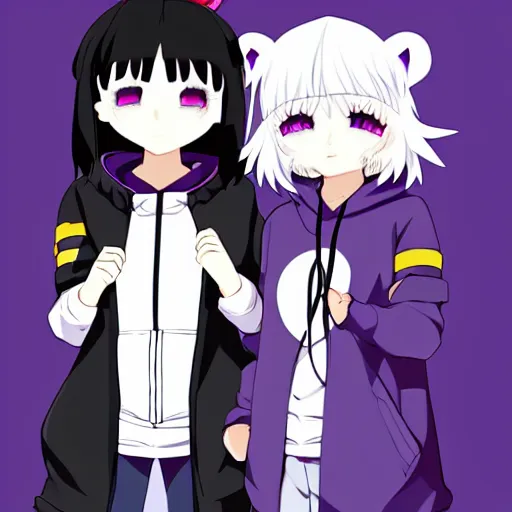 Image similar to two girls, a girl with short white hair and polar bear ears wearing an open black coat, another girl with long black hair wearinga purple hoodie with red eyes, anime key visual art, anime artystyle