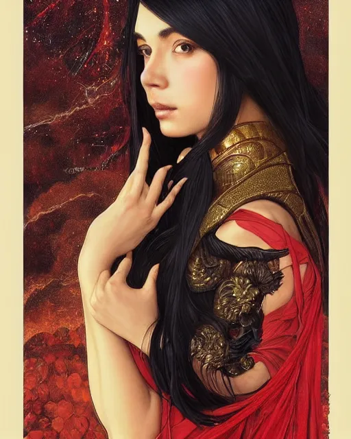 Prompt: Portrait of a black haired Goddess, holds a spark of all creation in her hands, a tiny red dragonlet, intricate dress, wide angle, intricate, elegant, overdetailed, professional digital painting, artstation, concept art, smooth, sharp focus, 8K, art by artgerm and greg rutkowski and alphonse mucha and loish and WLOP