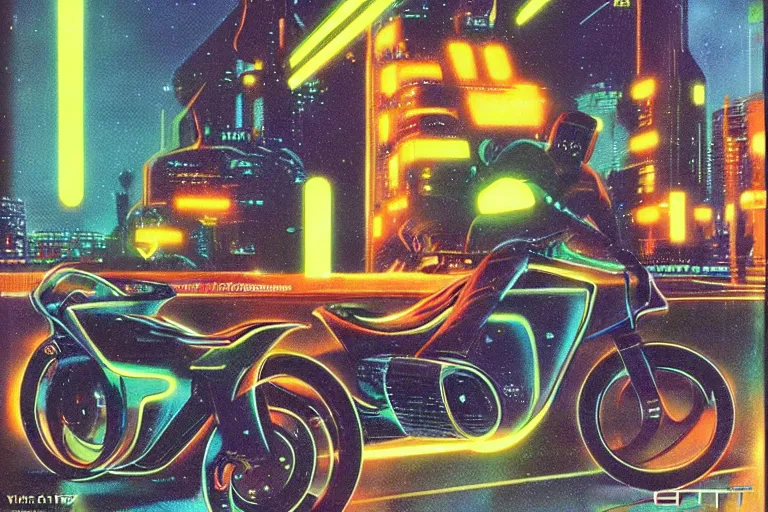 Prompt: 1979 OMNI Magazine Cover of a set of Tron Light Cycles on the Grid. in cyberpunk style by Vincent Di Fate