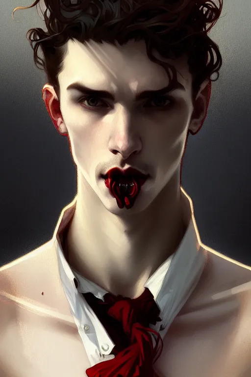 Image similar to portrait of a beautiful young fit male vampire with curly blond hairs and pale skin, dressed with urban clothes, by greg rutkowski and alphonse mucha, d & d character, gradient white to red, modern nocturnal background, highly detailed portrait, digital painting, artstation, concept art, smooth, sharp focus ilustration, artstation hq