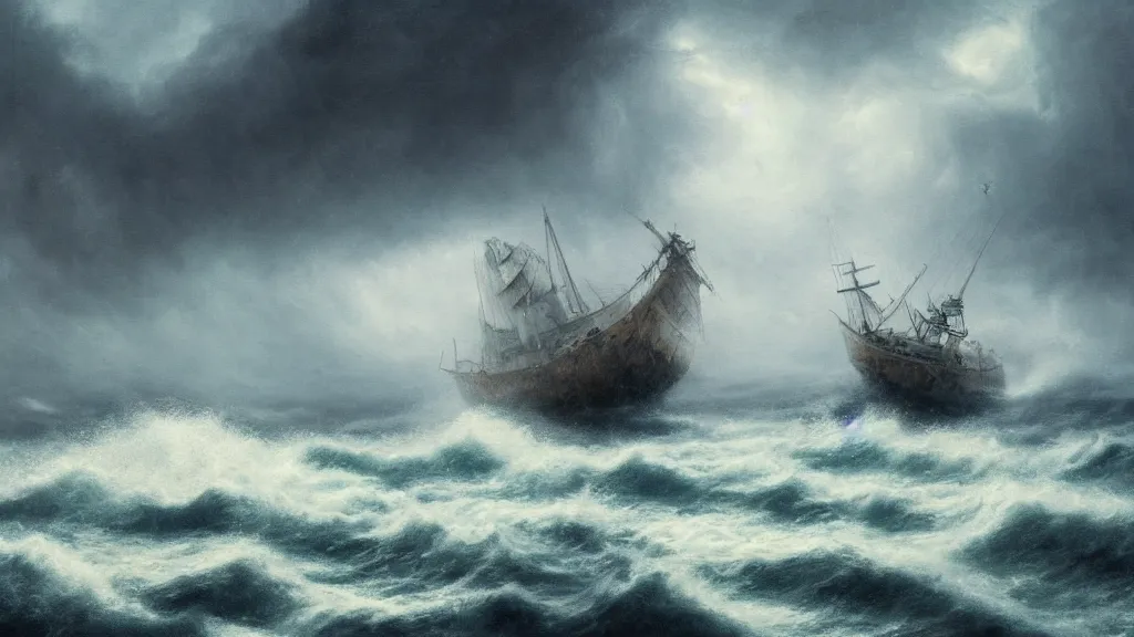 Prompt: a surreal dreamlike scene of a ghost ship at sea during a thunderstorm, somber melancholic matte painting, highly detailed oil painting, liminal space, 8k, ghostly solitude, sorrowful nostalgic awe-inspiring atmosphere, masterpiece