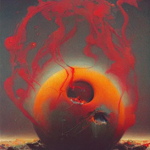 Image similar to a sphere being devoured by abstract splatters of paint in the style of francis bacon, venus being engulfed in flames in the style of james jean, surreal, beksinski, high detailed