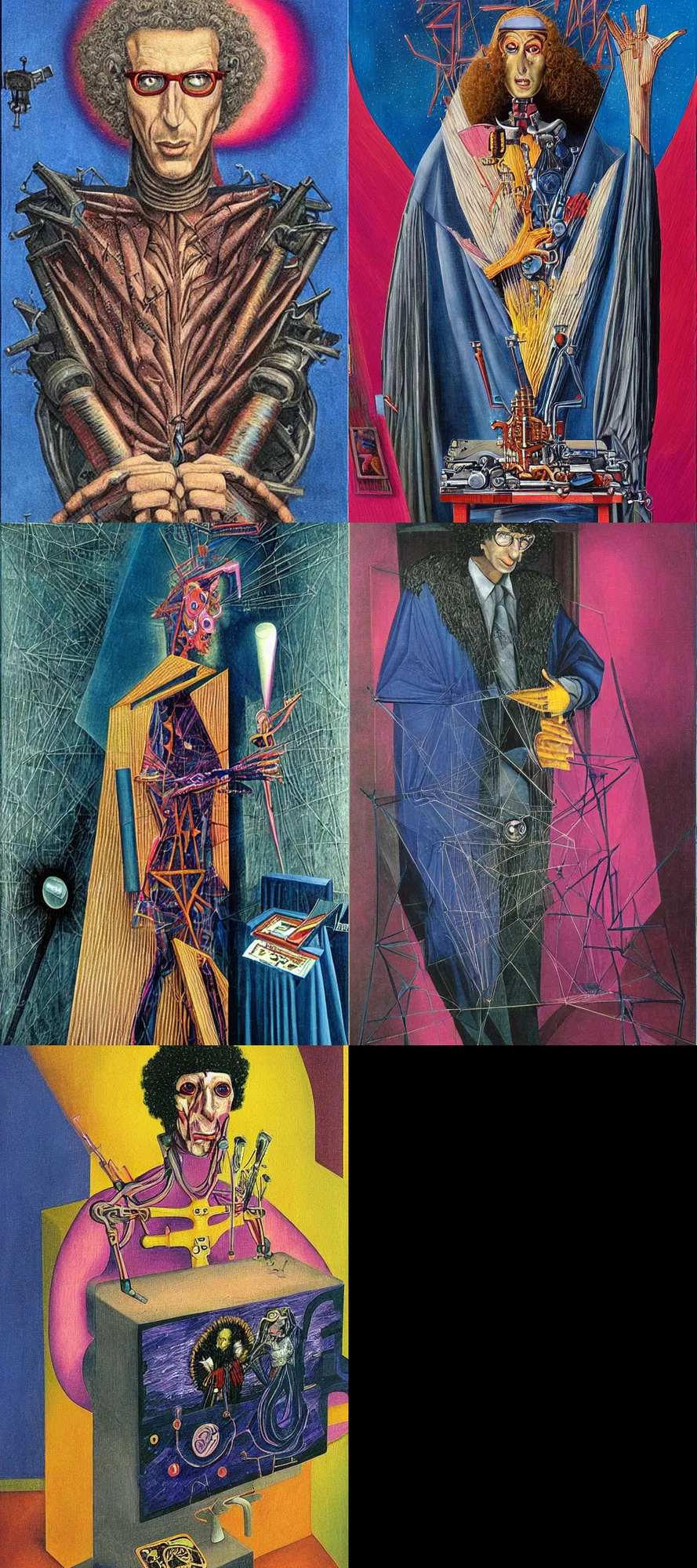 Prompt: a masterpiece painting of a tarot card intricate of Howard Stern the cybernetic wizard by Remedios Varo, dayglo pink and blue, computer