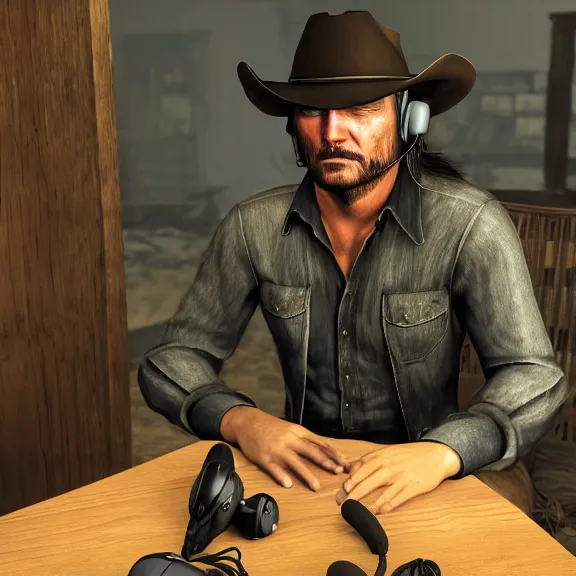 Prompt: john marston playing on a gaming computer in cowboy attire with gaming headphones on in a dimly lit room