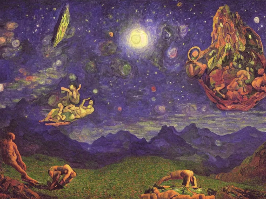 Prompt: man wrestling over the psychedelics dream bot mothership over the sublime sacred mountains at night. painting by monet, bosch, caravaggio, agnes pelton, rene magritte