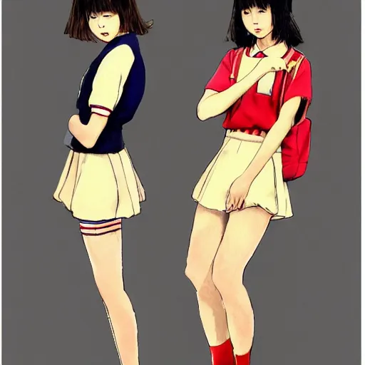 Image similar to a perfect, realistic professional digital sketch of two Japanese schoolgirls posing, 1970s, in style of Marvel, full length, by pen and watercolor, by a professional American senior artist on ArtStation, a high-quality hollywood-style sketch, on high-quality paper