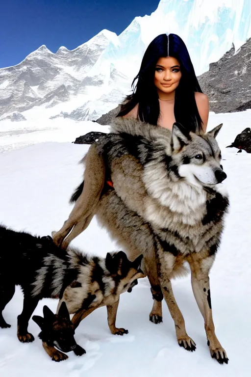 Image similar to kylie jenner mountain climbing on everest with wolves and african wild dogs in a snowstorm