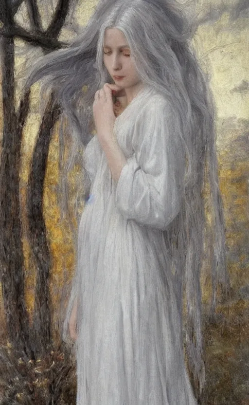 Image similar to say who is this with silver hair so pale and wan! and thin? female angel in white robes flowing hair body, white dress!! of silver hair, covered!!, clothed!! lucien levy - dhurmer, fernand keller, oil on canvas, 1 8 9 6, 4 k resolution, aesthetic, mystery