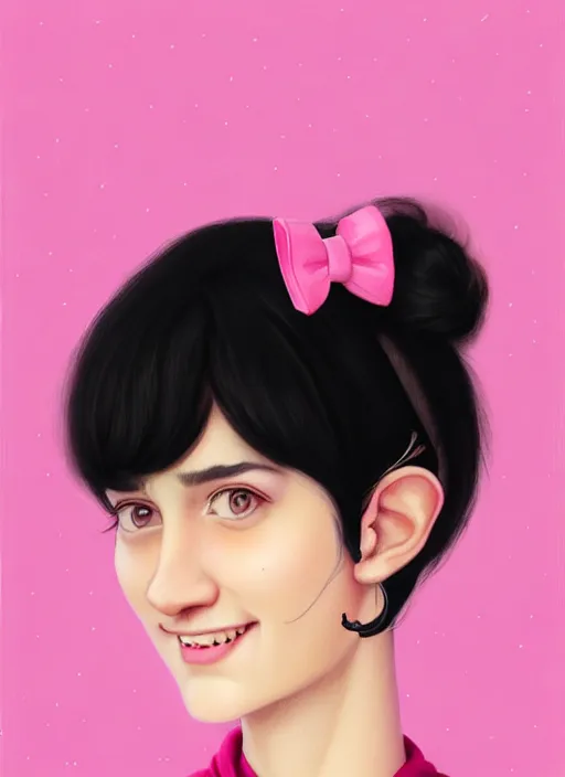 Image similar to portrait of high school girl, realistic, black hair, bangs, half updo hairstyle, pointy nose, skinny, smile, ugly, defined jawline, big chin, pink hair bow, earrings, intricate, elegant, glowing lights, highly detailed, digital painting, artstation, sharp focus, illustration, art by wlop, mars ravelo and greg rutkowski