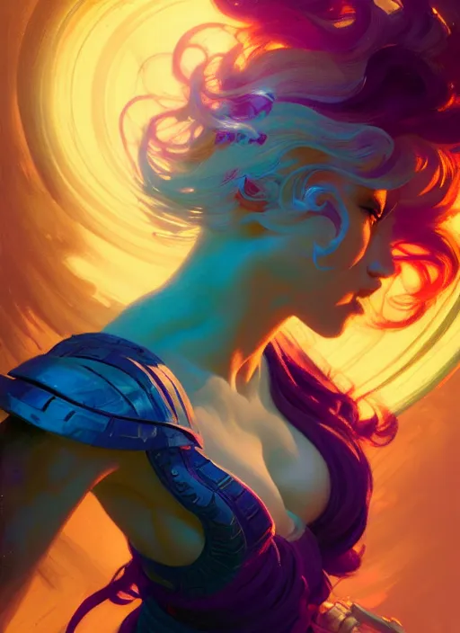 Image similar to side portrait, imogen poots, paladin, fantasy, gloomhaven, luminescent, colorful swirly ripples, gaudy colors, by greg manchess, huang guangjian, gil elvgren, sachin teng, greg rutkowski, jesper ejsing, ilya kuvshinov