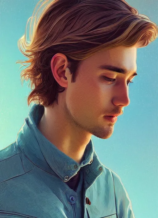 Prompt: handsome young man with shoulder length blond hair, half body shot, path traced, highly detailed, high quality, digital painting, alena aenami, lilia alvarado, shinji aramaki, karol bak, alphonse mucha, tom bagshaw