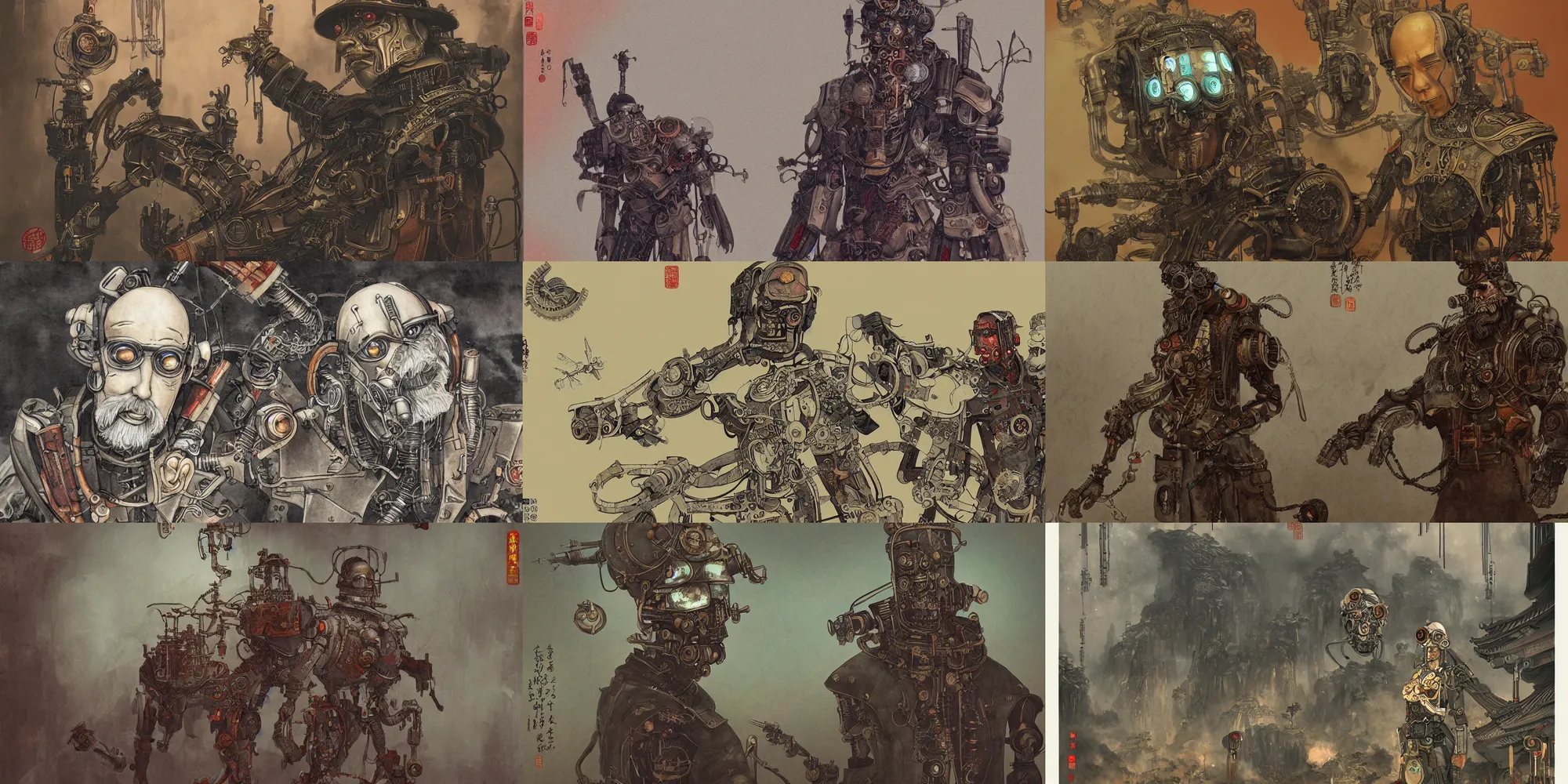 Prompt: illustration of and old man cyborg steampunk sci-fi dystopian chinese style painting