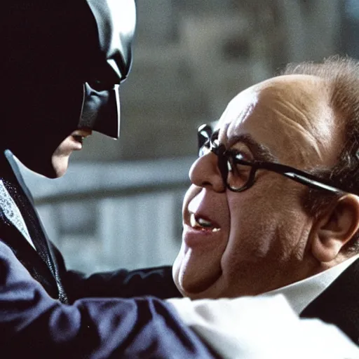 Prompt: A movie still of Danny Devito as Batman in The Dark Knight