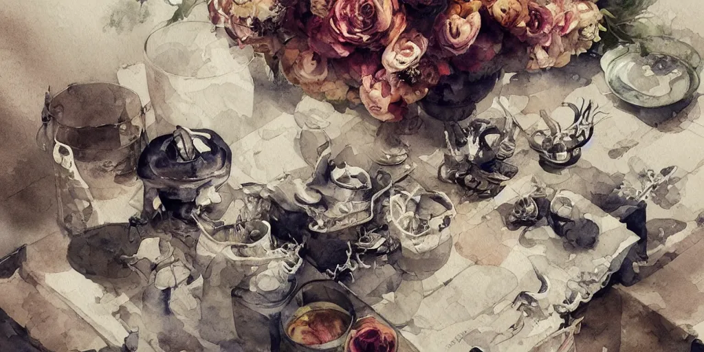 Prompt: a beautiful insanely intricate watercolor illustration of stil life with bones, reflexions, colorfull, by william turner art, by greg rutkowski, by james jean, by rossdraws, by frank franzzeta, by sakimichan, by edmund dulac, trending on artstation, insanely detailed, masterpiece,