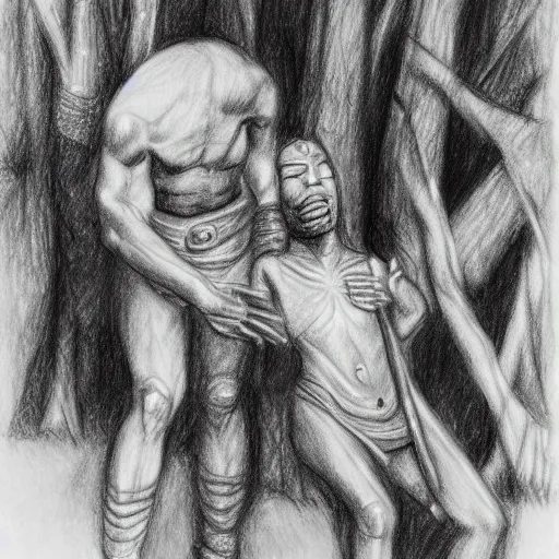 Image similar to mummy touches head of warrior, in jungle, pencil drawing