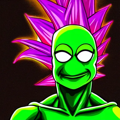 Prompt: kermit powering up to super saiyan 3, colourful, intricate, 4k, trending on artstation