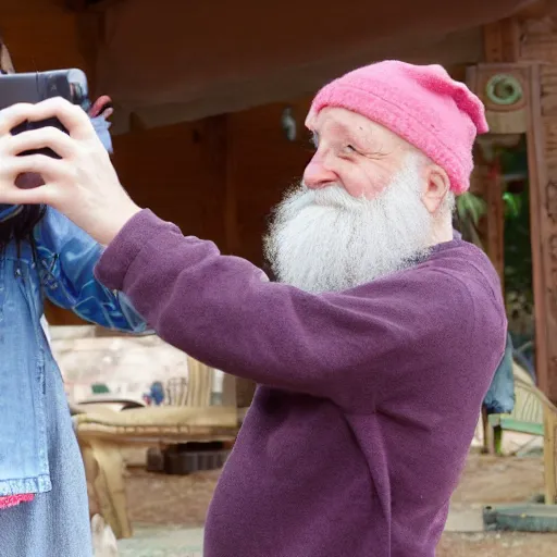 Image similar to cute cartoon character, beard grandpa taking a photo to a baby girl