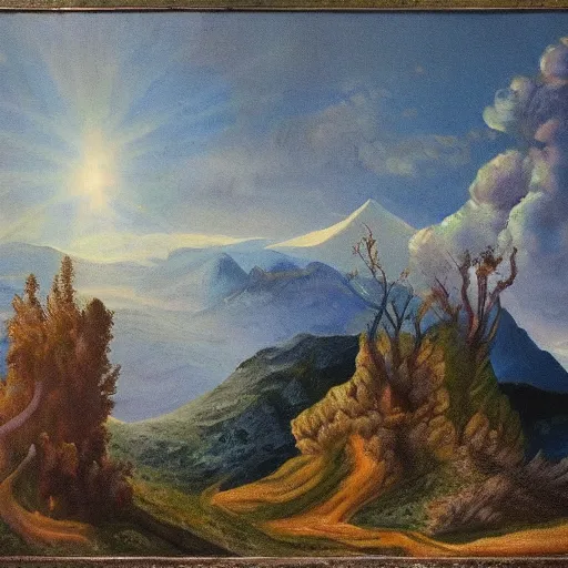 Image similar to an incomprehensible and invisible god at the top of a far off mountain, painting