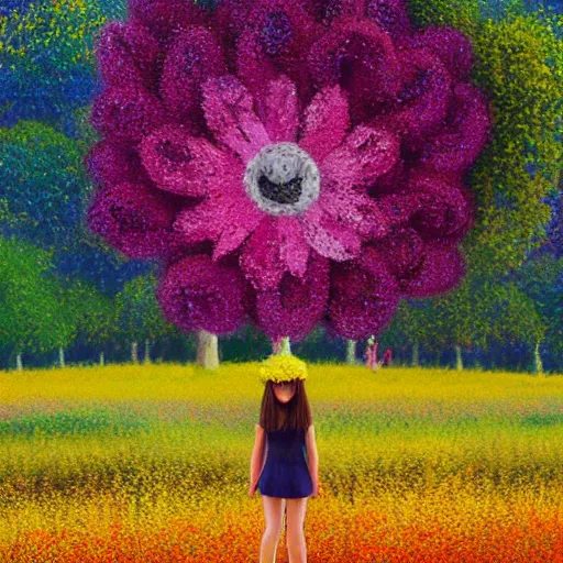 Prompt: large flower head, girl standing in a flower field, surreal photography, big trees, sunrise dramatic light, impressionist painting, colorful clouds, digital painting, pointillism, artstation, simon stalenhag