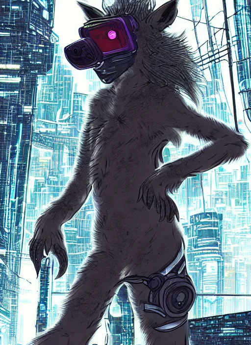 Prompt: character portrait of a male anthro hyena fursona with a tail and a cute beautiful attractive detailed furry face wearing stylish cyberpunk clothes in a cyberpunk city at night while it rains. color page, tankoban, 4K, tone mapping. By Nomax, Kenket, Rukis. comic book style, photorealistic, professional lighting, hyperdetailed, high resolution, high quality, dramatic, deviantart, artstation, 4k, real photo