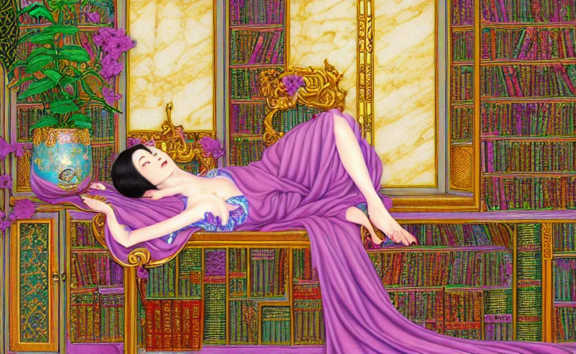 Prompt: a detailed fantasy pastel portrait of a woman wizard in ornate clothing lounging on a purpur pillow on the marble floor in front of her bookcase in a room, reading an ancient tome. to the side is a potted plant. ancient retrofuturistic setting. 4 k key art. raytracing, by chie yoshii and yoshitaka amano.