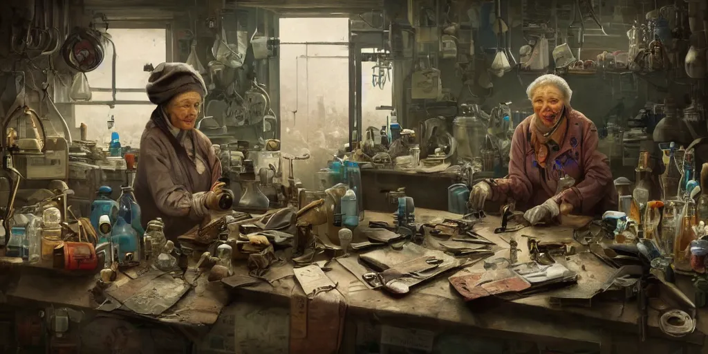 Prompt: an environmental concept art of an elderly russian woman cyberneticist in a cluttered workshop, surgical implements, surgery table, highly detailed, cinematic, dramatic, cyberpunk, dieselpunk, scifi