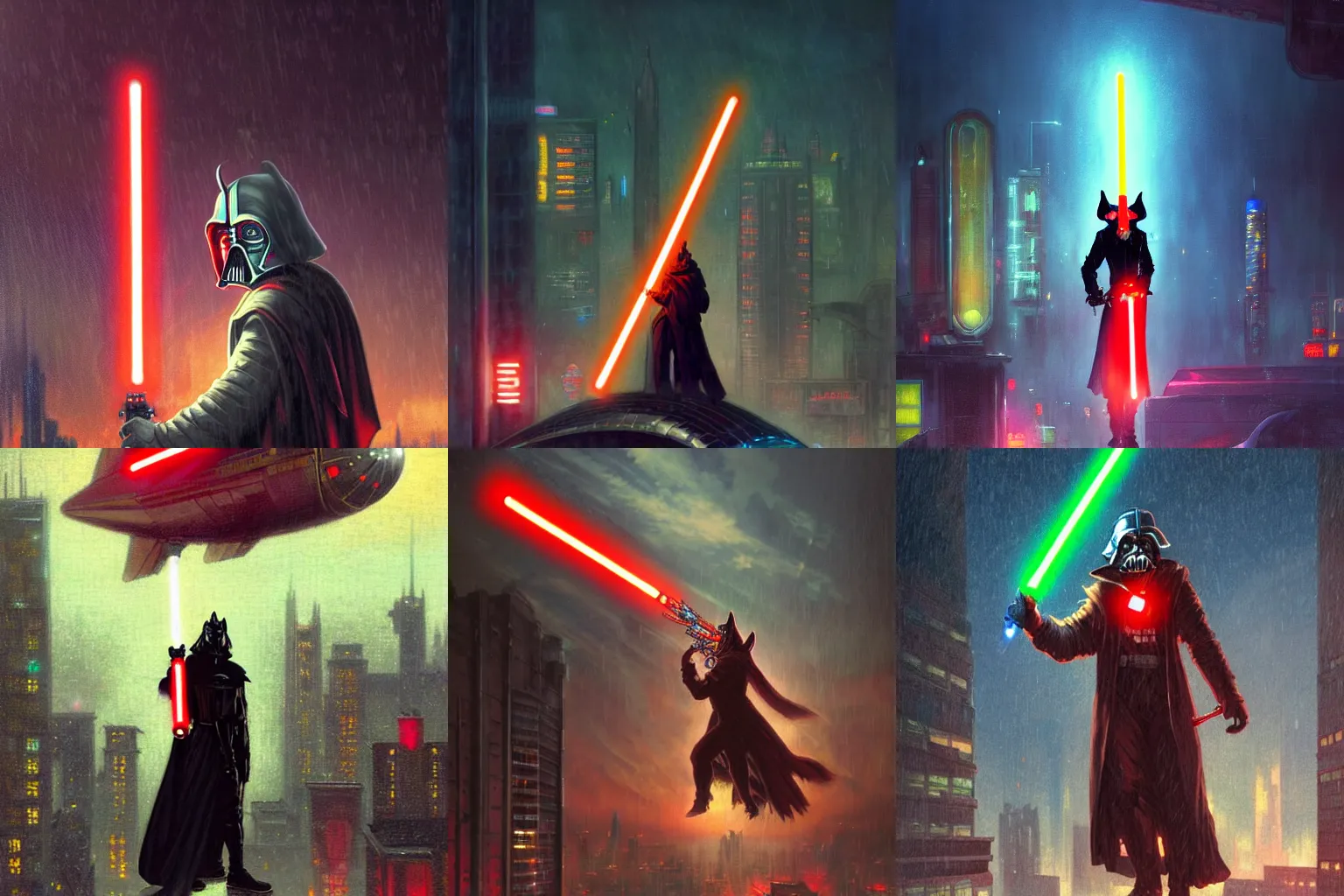 Prompt: a anthropomorphic wolf Sith Lord wielding a lightsaber with a red blade on top of a blimp that is flying above a cyberpunk city at night while it rains. Neon light. Renowned character illustration by greg rutkowski, thomas kindkade, alphonse mucha, loish, norman rockwell. Trending on Artstation.