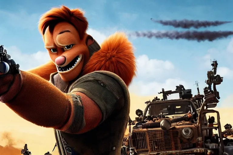 Image similar to nick wilde, heavily armed and armored facing down armageddon in a dark and gritty reboot from the makers of mad max : fury road