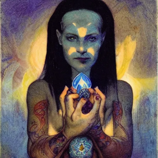 Image similar to the twilight queen with her lantern, by Annie Swynnerton and Nicholas Roerich, bioluminescent skin, tattoos, elaborate costume, geometric ornament, symbolist, smooth, sharp focus, extremely detailed