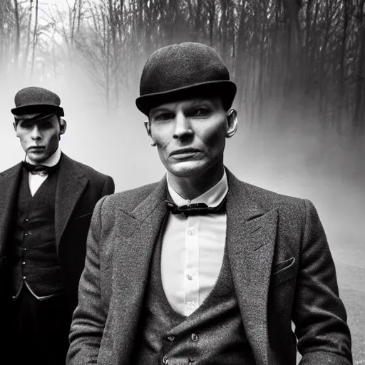 Image similar to medium long shot, 3 / 4 shot, full body picture of cillian murphy and tom hardy posing, sharp eyes, serious expressions, detailed and symmetric faces, in the style of peaky blinders, detailed, black and white, misty woods, epic photo by talented photographer ansel adams