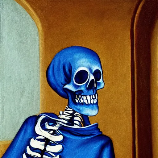 Prompt: skeleton wearing blue hoodie, classic painting