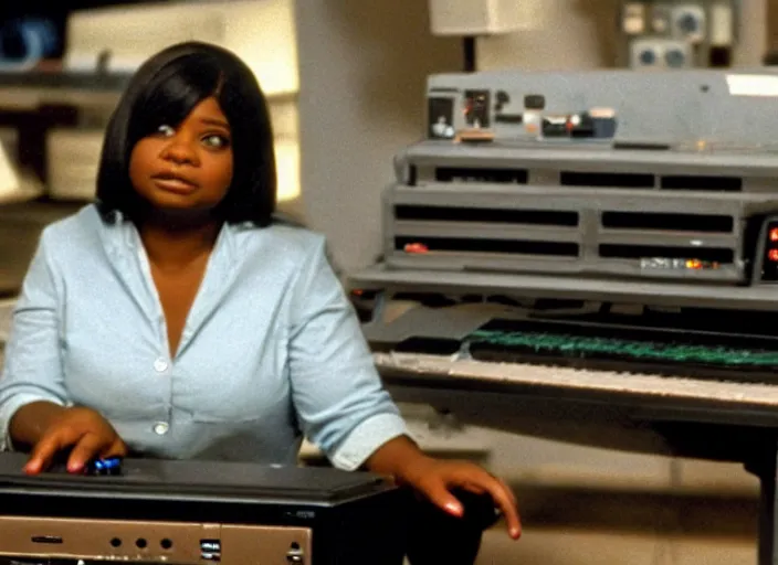 Image similar to cinematic shot of octavia spencer in an small used electronics store playing an old electronic keyboard, iconic scene from the paranoid thriller sci fi film directed by stanley kubrick, anamorphic cinematography, beautiful composition, color theory, leading lines, photorealistic, moody volumetric lighting