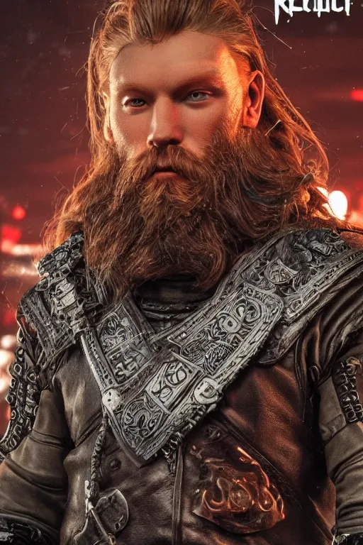 Image similar to cyberpunk viking, handsome and strong, red beard, runic, powerful stature, detailed intricate, 8 k, cinematic