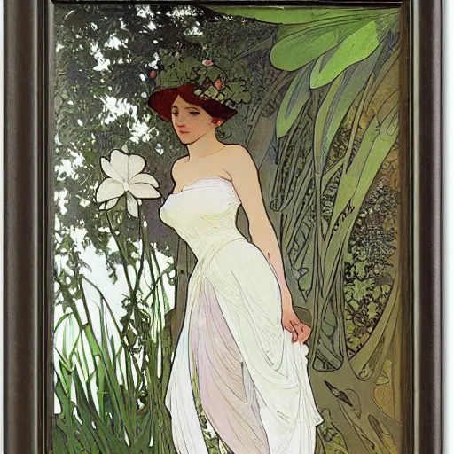 Prompt: elegant woman, white dress, dense jungle, trees, huge flowers, by alphonse mucha