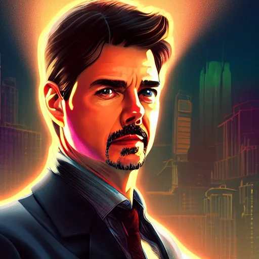 Image similar to Tom Cruise as an affable Tony Stark, ambient lighting, 4k, alphonse mucha, lois van baarle, ilya kuvshinov, rossdraws, artstation