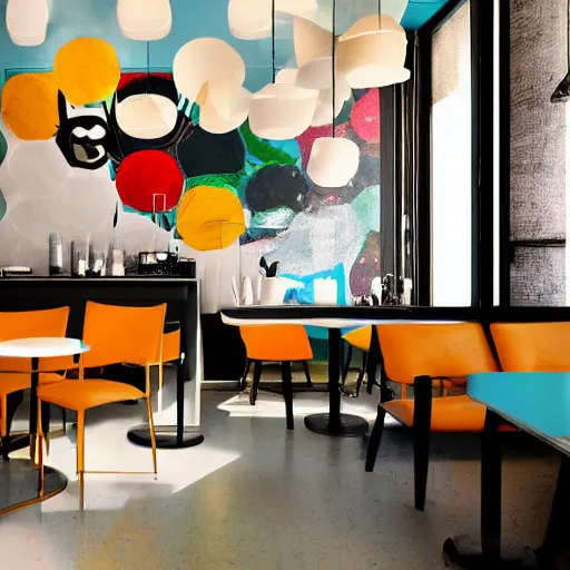 Prompt: caffe interior design, modern look, colorful, realistic