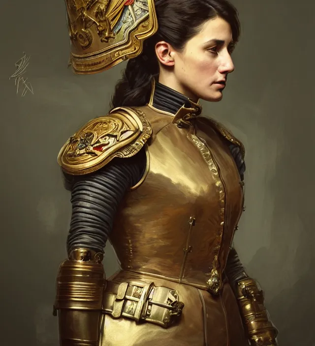 Image similar to portrait of a napolitano woman wearing a traditional nineteenth century kingdom of naples military jacket, metal shoulder pauldrons, intricate, highly detailed, digital painting, artstation, concept art, sharp focus, cinematic lighting, illustration, art by artgerm and greg rutkowski, alphonse mucha, cgsociety