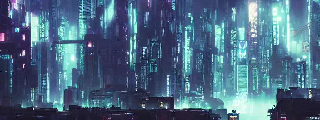 Image similar to matte painting of a dark neon cyberpunk city in the film ghost in the shell, trending on artstation, 8k, ultra hd