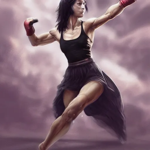 Image similar to an action photo of a black haired woman in a black tank top fighting a man, rocky movie, muscular upper body, abs, d & d, fantasy, intricate, elegant, highly detailed, digital painting, artstation, concept art, smooth, sharp focus, illustration, art by artgerm and greg rutkowski and alphonse mucha