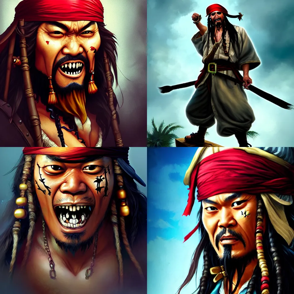 Prompt: crazy asian man as the character of pirates of the caribbean by artgrem, greg rutkowski, ross tran, kuvshinov