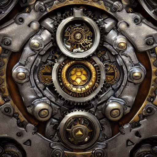 Prompt: A steampunk ornate made of engraved full plate armor and gears with a styracosaur head at the center, Macro shot by Justin Gerard, unreal engine, physically based rendering