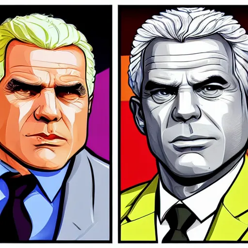 Image similar to yair lapid as a GTA v character. GTA v loading screen illustration by martin ansin, matt bors