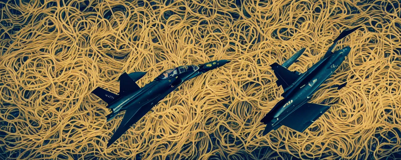 Image similar to a fighter jet built out of spaghetti, flying over the ocean, canon 5 0 mm, cinematic lighting, photography, retro, film, kodachrome