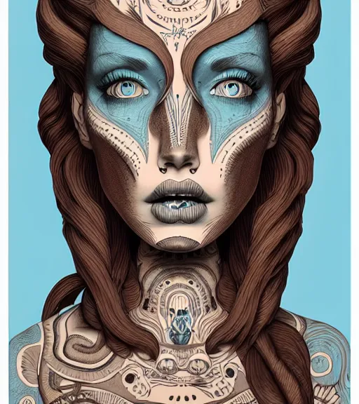 Image similar to portrait of a woman raised on the island face tatooes by joe fenton, dynamic lighting, gradient light blue, brown, blonde cream and white color scheme, grunge aesthetic