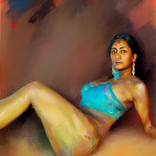 Image similar to a realistic hyperdetailed multi - colored digital oil full body portrait painting of a an indian woman sunbathing, beautiful, the style of guy denning, ruan jia, and craig mullins. trending on artstation and deviantart. cgsociety digital art.