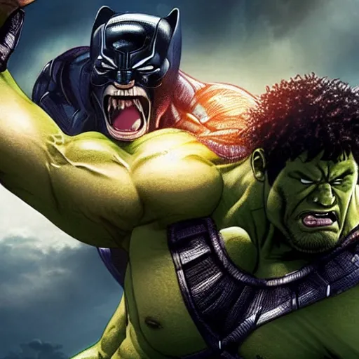Image similar to Hulk defeating Black Panther, detailed photo, 8k