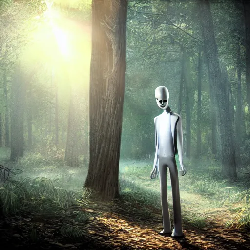 Image similar to photorealistic Slenderman in the woods, dynamic lighting, ultra realistic, trending on art station, ray tracing, sun rays